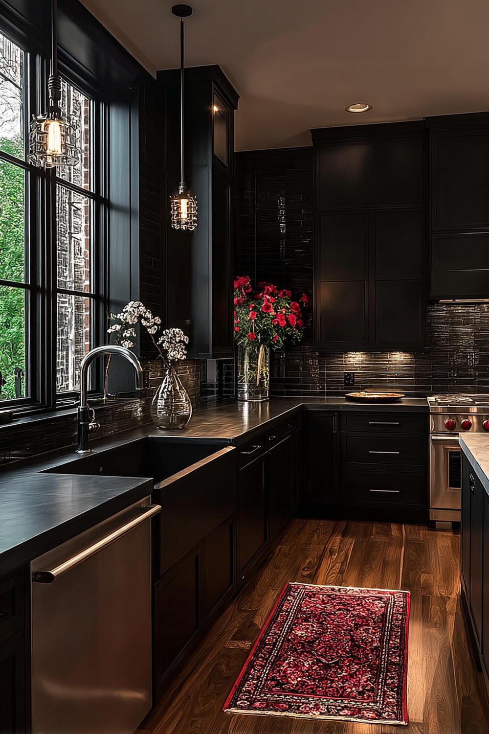 Feature a Vintage Red Persian Rug For Distinctive Black Kitchen Decor