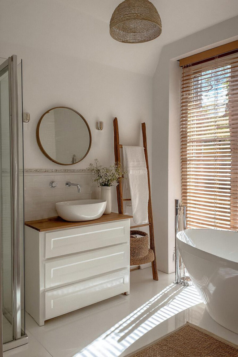Feature a Wooden Ladder for Charming and Functional Towel Decor