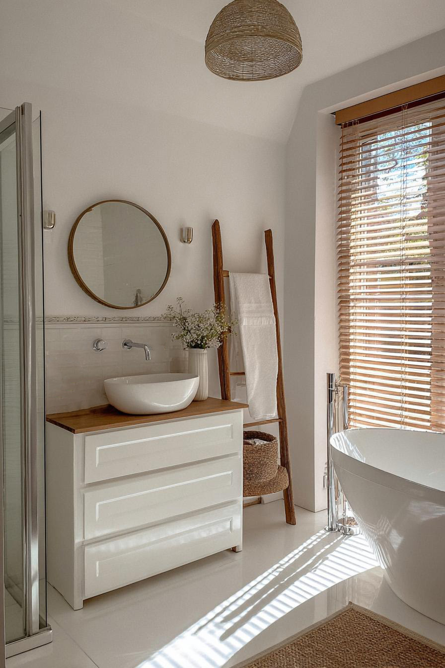 Feature a Wooden Ladder for Charming and Functional Towel Decor