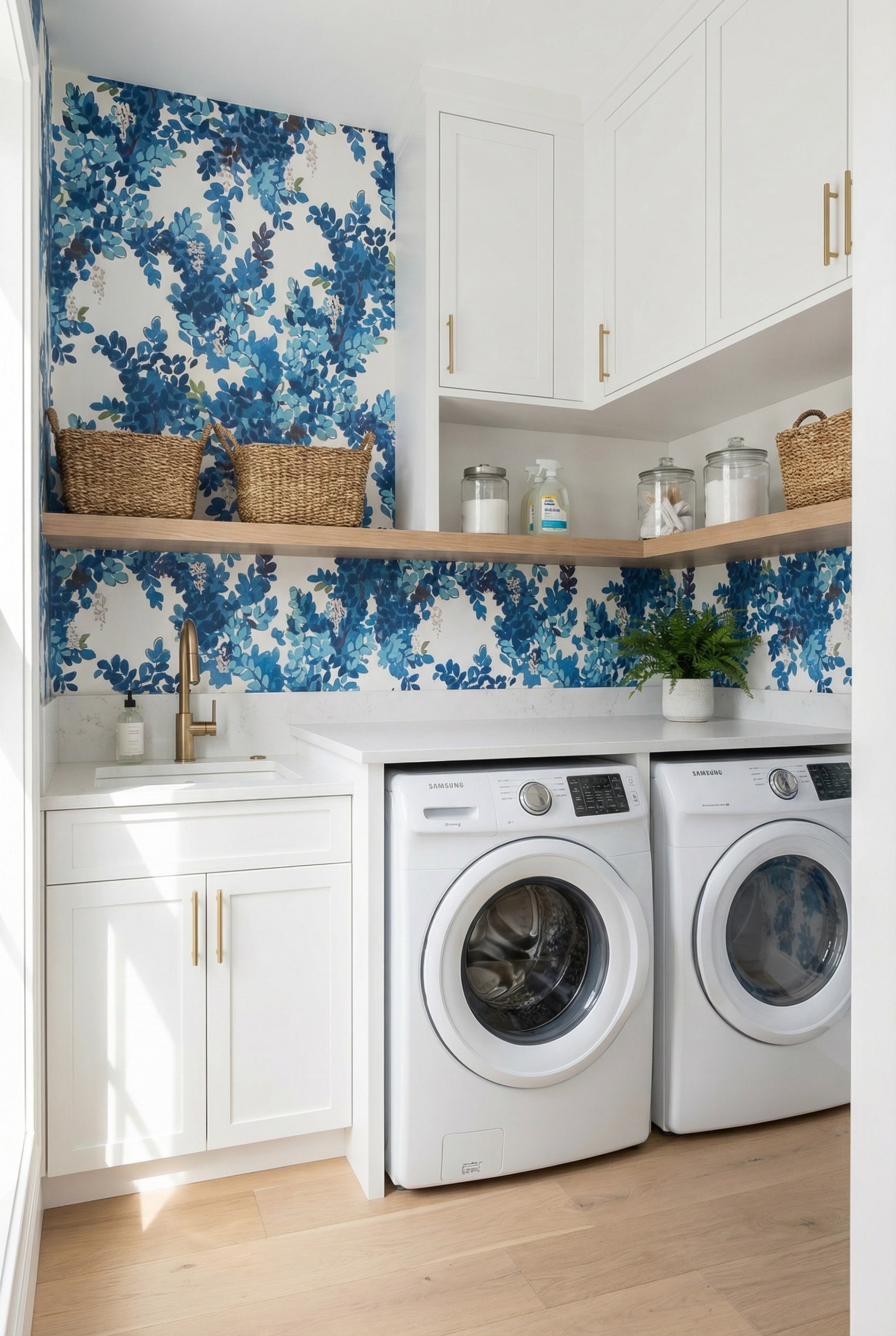 Feature Bold Floral Wallpaper for Striking Laundry Room Design