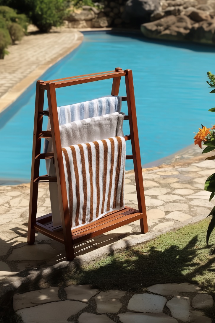 Feature Freestanding Wooden Racks for Outdoor Pool Towel Rack Ideas