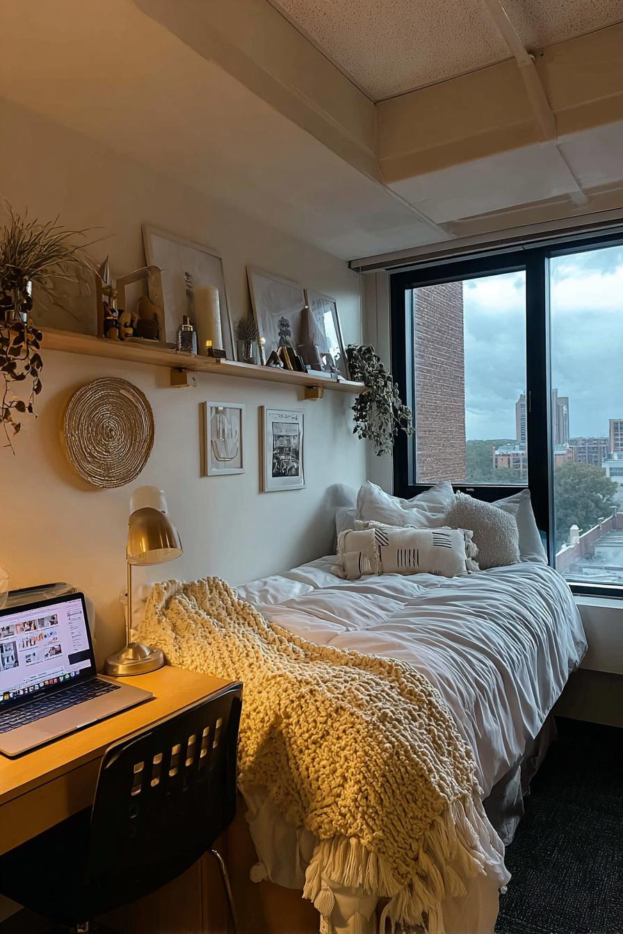 Feature Layered Neutral Bedding For a Cozy Black Rug Contrast
