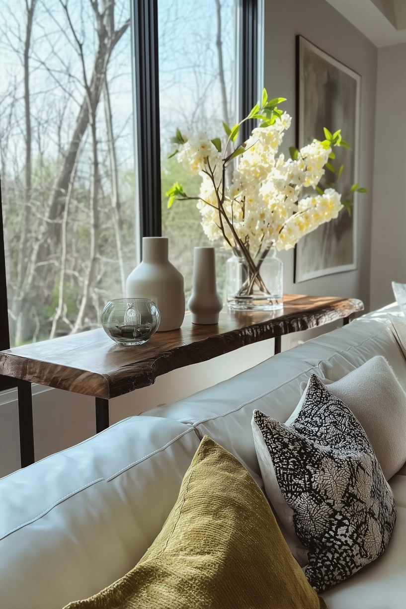 Feature Organic Wood Tones for Earthy Behind Couch Appeal