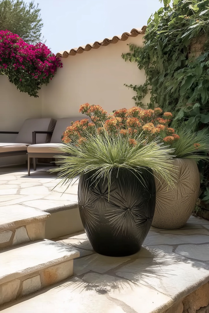 Feature Patterned Black Planters for Contemporary Outdoor Style