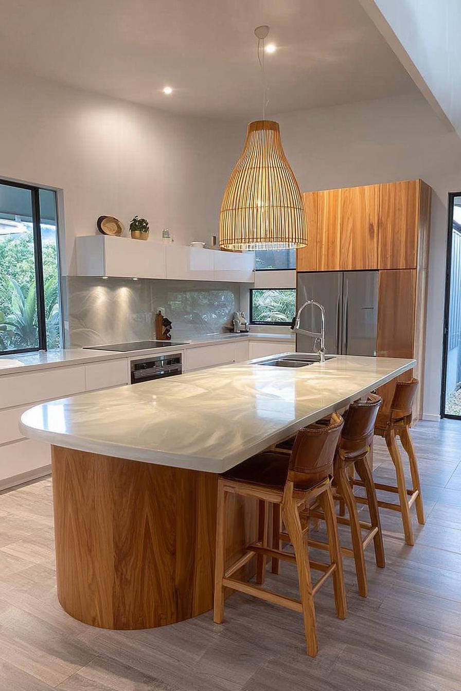 Feature Seamless Waterfall Wood Paneling For a Modern Kitchen Island