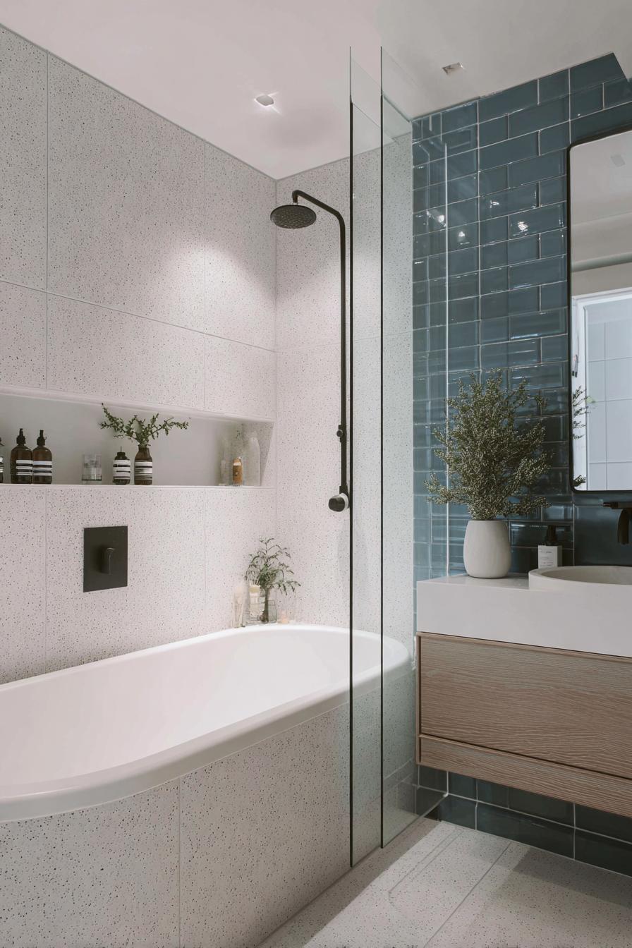 Float a Sleek Vanity with Wood Accents For Blue Modern Style