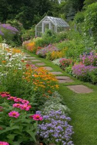 frame a greenhouse entrance with vibrant perennials for front yards