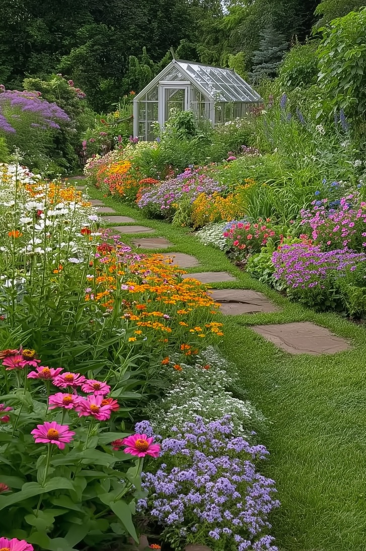 frame a greenhouse entrance with vibrant perennials for front yards