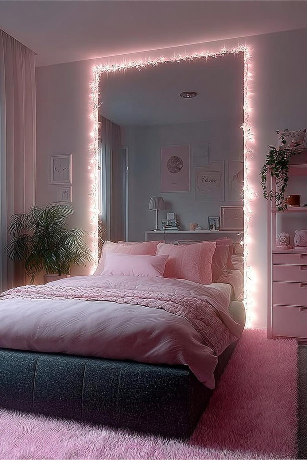 Frame Mirrors with Fairy Lights to Create Cute Pink Glow