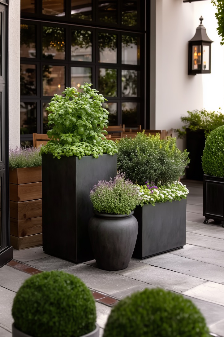 Frame Modern Black Planters with Fragrant Herbs for Sun