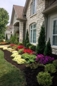 frame tall shrubs to create structured flower bed layout