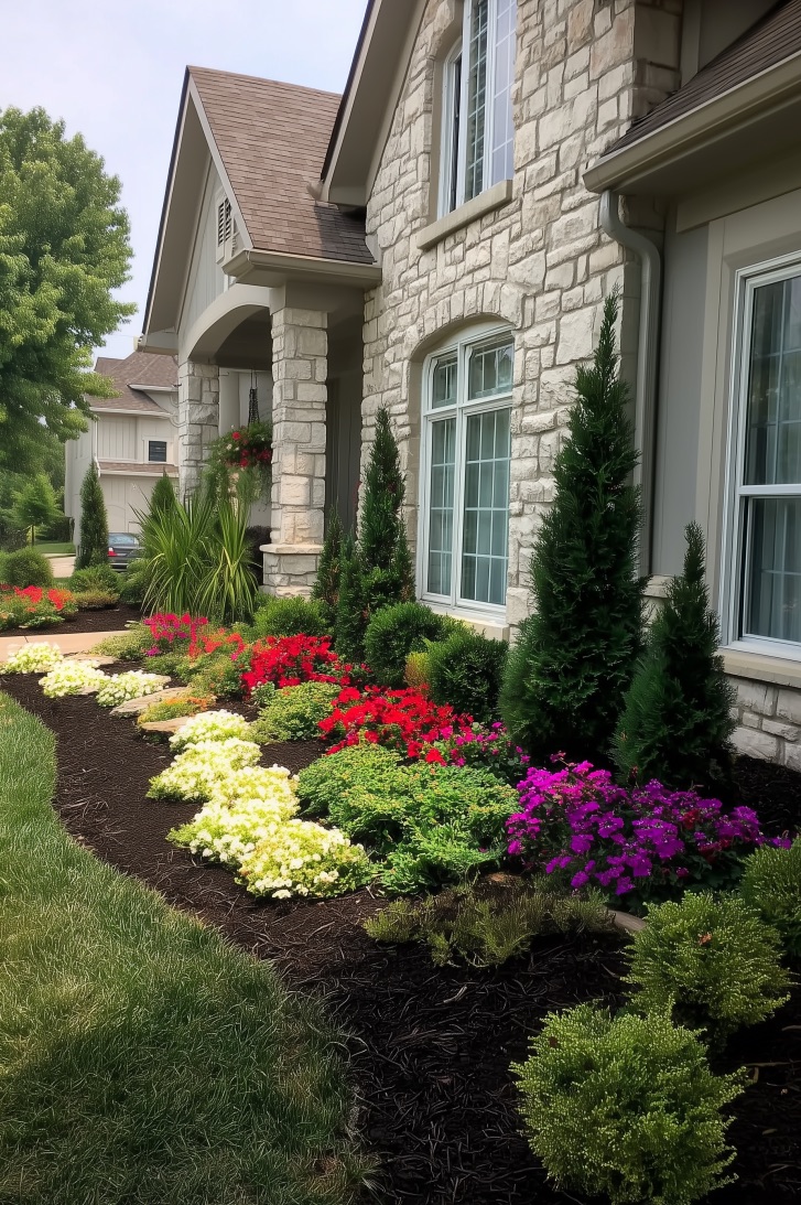 Frame Tall Shrubs to Create Structured Flower Bed Layout