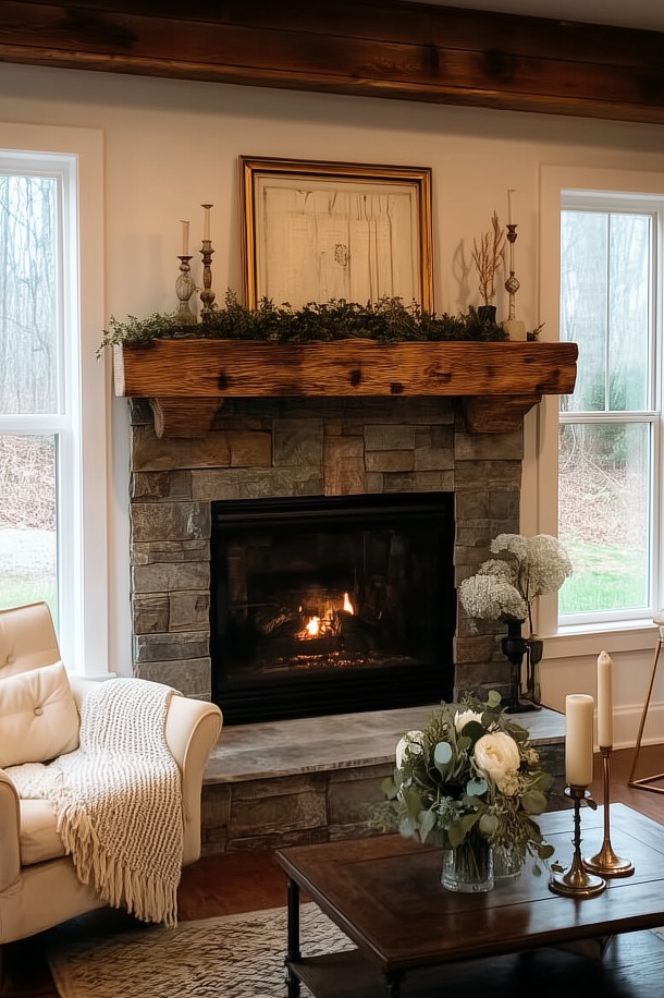 frame the mantle with symmetrical window views for airy fireplace ideas