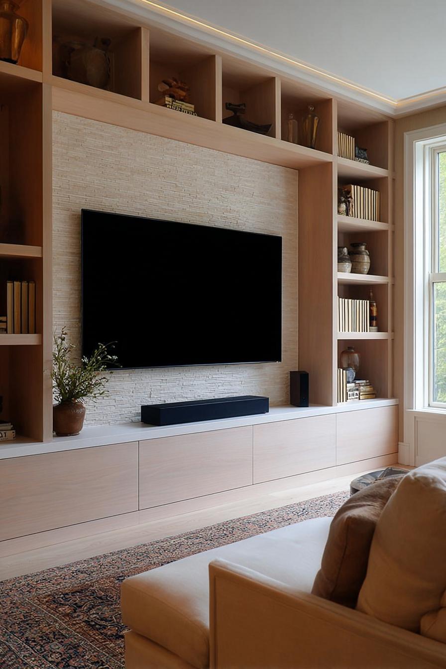 Frame Tv with Textured Stone Wall For Modern Luxury
