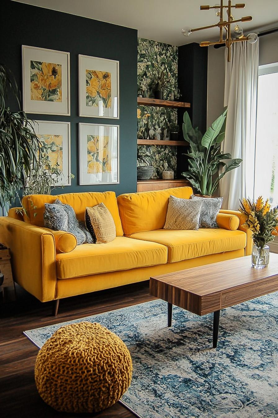 Frame Yellow Couch with Dark Green Walls For Bold Contrast