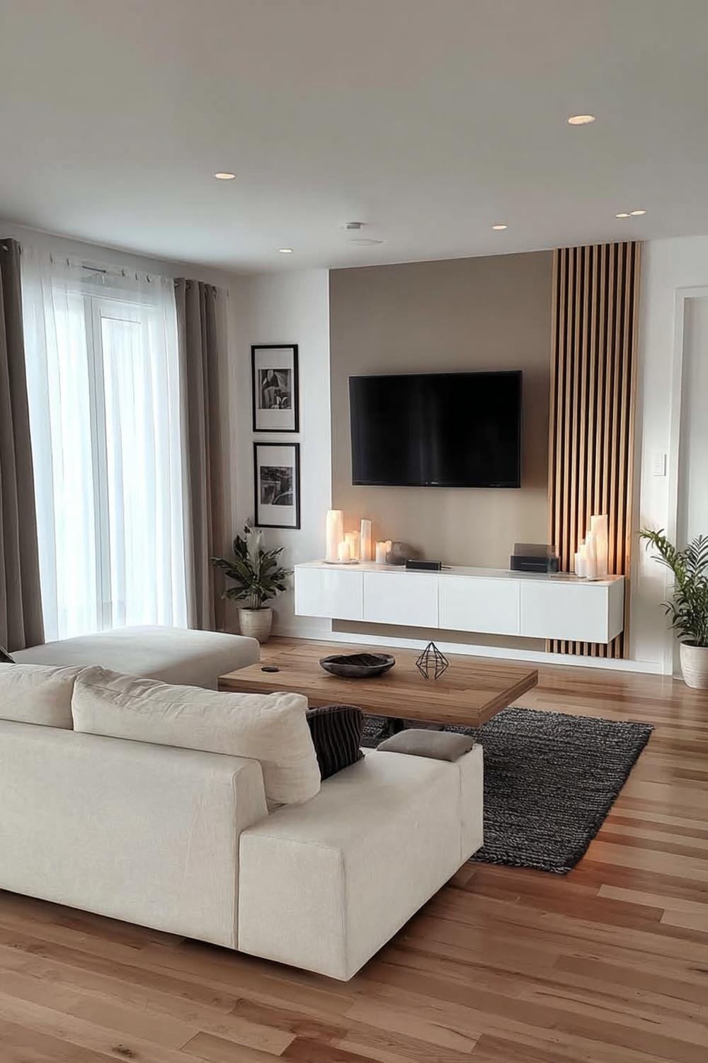 Frame Your Tv with Vertical Wood Slats in a Modern Apartment