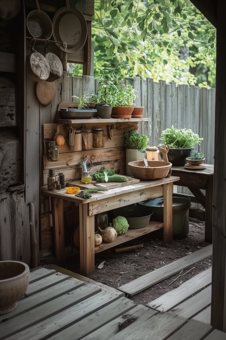Hang Wooden Utensils for Easy Access in Outdoor Mud Kitchens