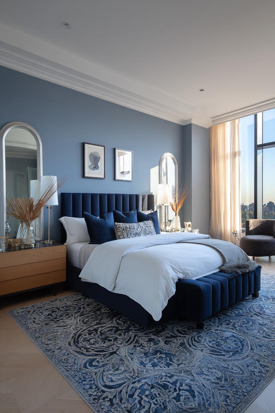 Highlight a Deep Blue Bed As the Rooms Centerpiece