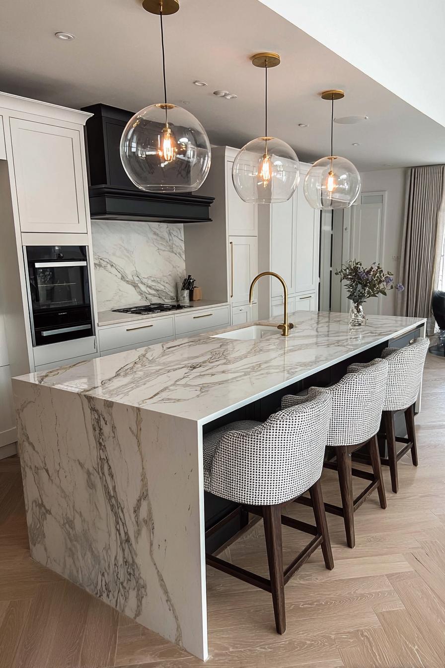 Highlight a Striking Waterfall Island with Gold and Marble