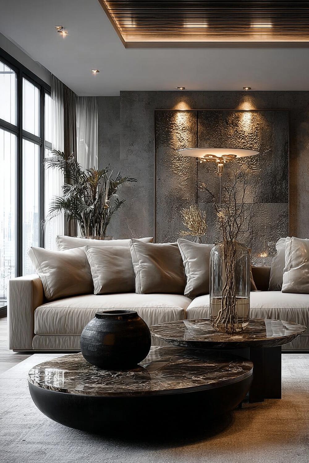 Highlight Depth with Textured Dark Wall Decor and Spotlights