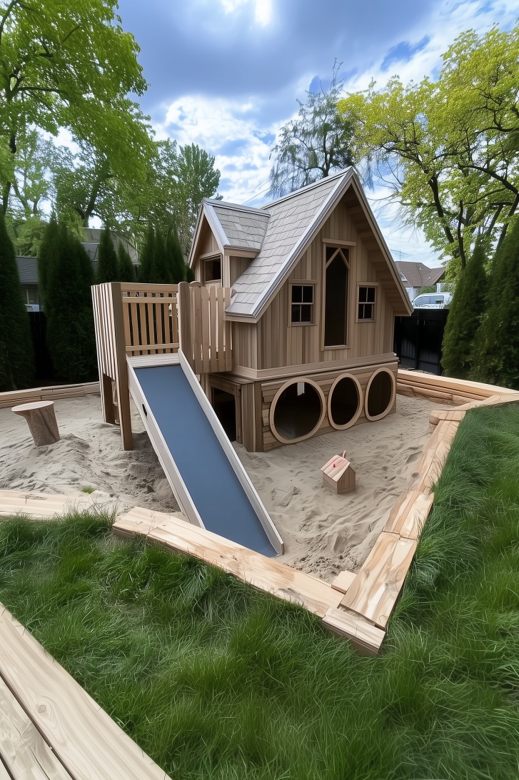 Highlight Geometric Sandbox Borders Using Light Wood for Backyard Charm