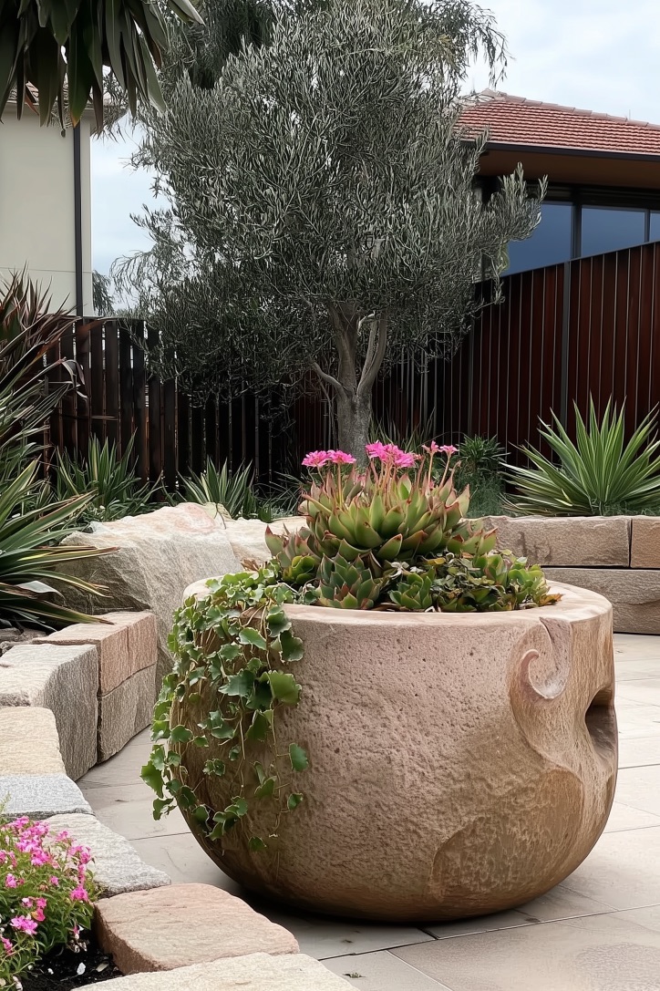 Highlight Oversized Stone Planters for Front Yards