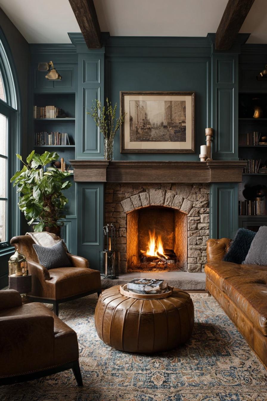 Highlight Rustic Charm with Exposed Wood Beams and Brown Leather Sofa