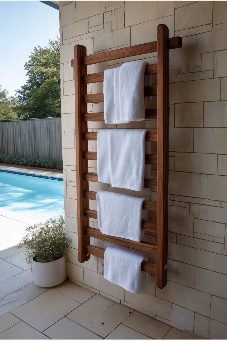 Highlight Rustic Wood Ladders for Outdoor Pool Towel Rack Ideas
