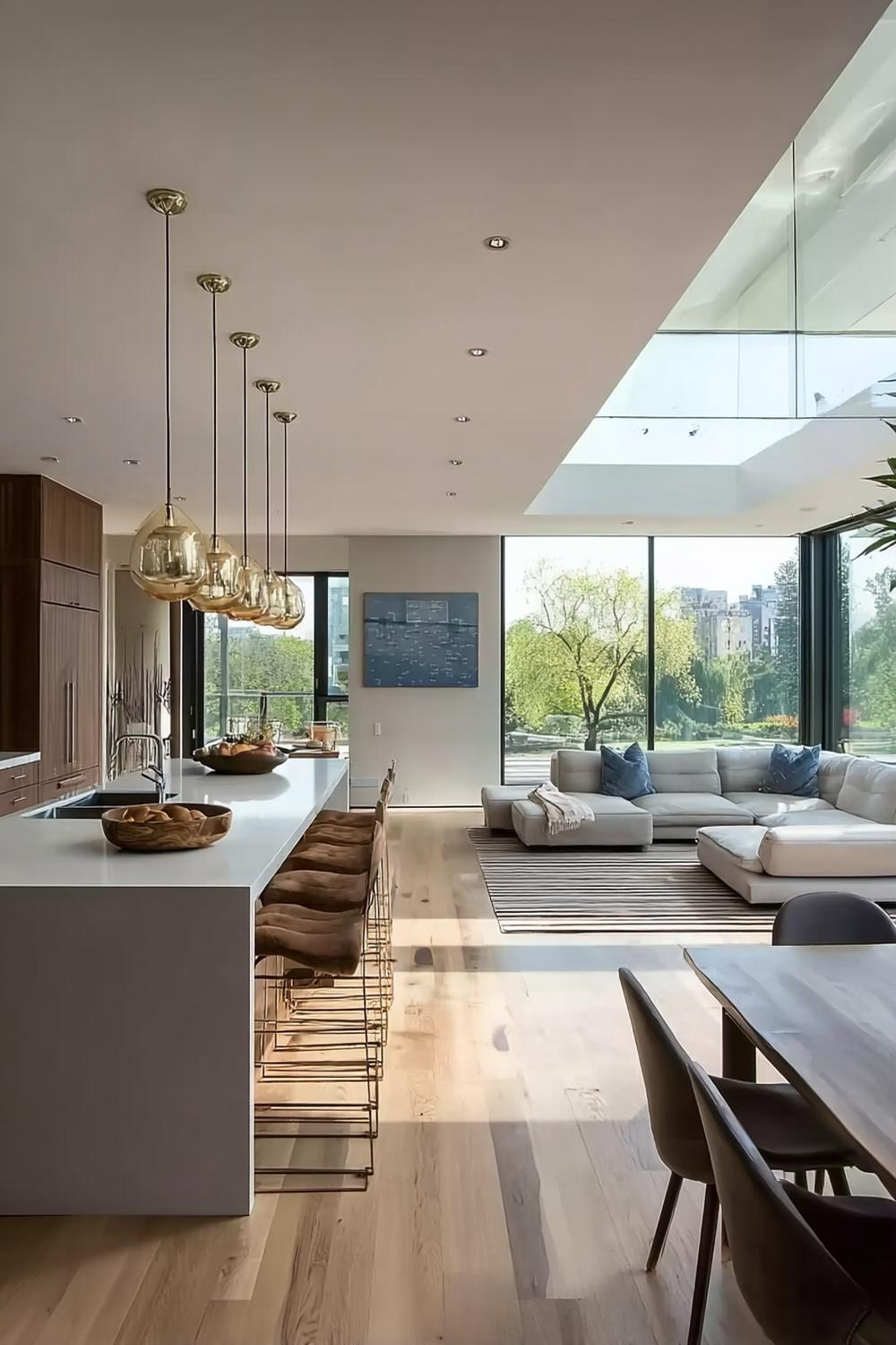 Highlight Sleek Gold Pendant Lights to Define Kitchen Island For Divider