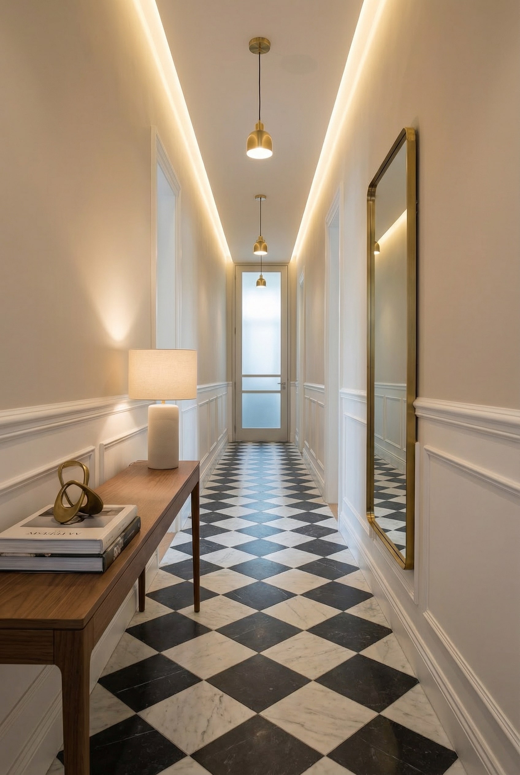 Highlight Tall Wall Mirrors to Expand Narrow Hallway Spaces