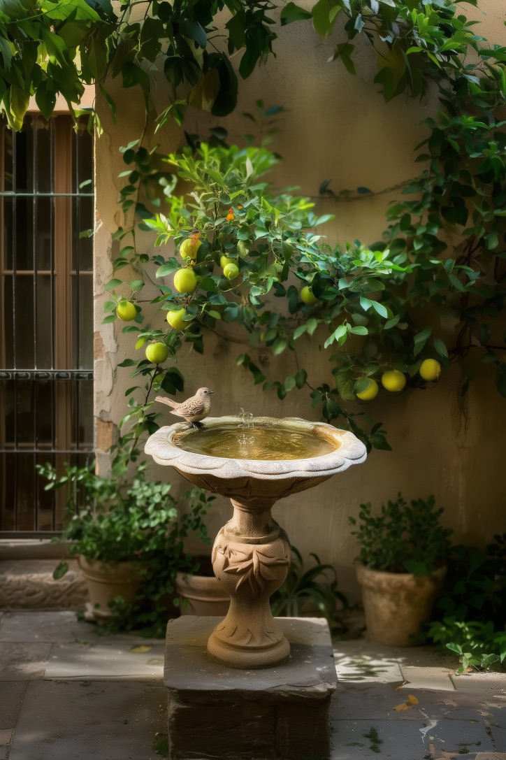 highlight terracotta pots as decorative accents for homemade bird baths