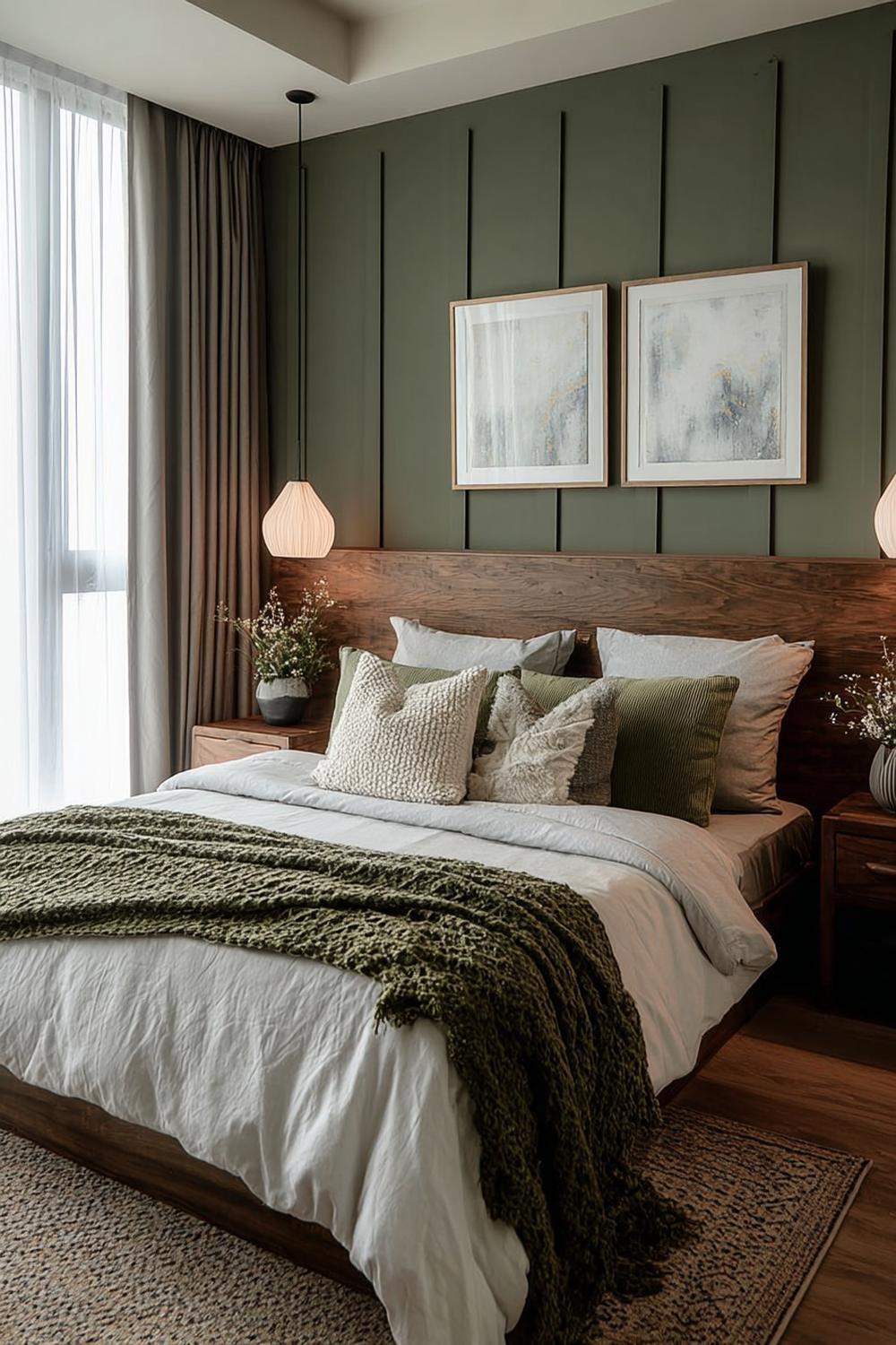 Highlight Vertical Wall Panels with Deep Green For Bedroom Drama