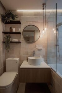Highlight Warm Pendant Lighting for Simple Ambient Bathroom Charm