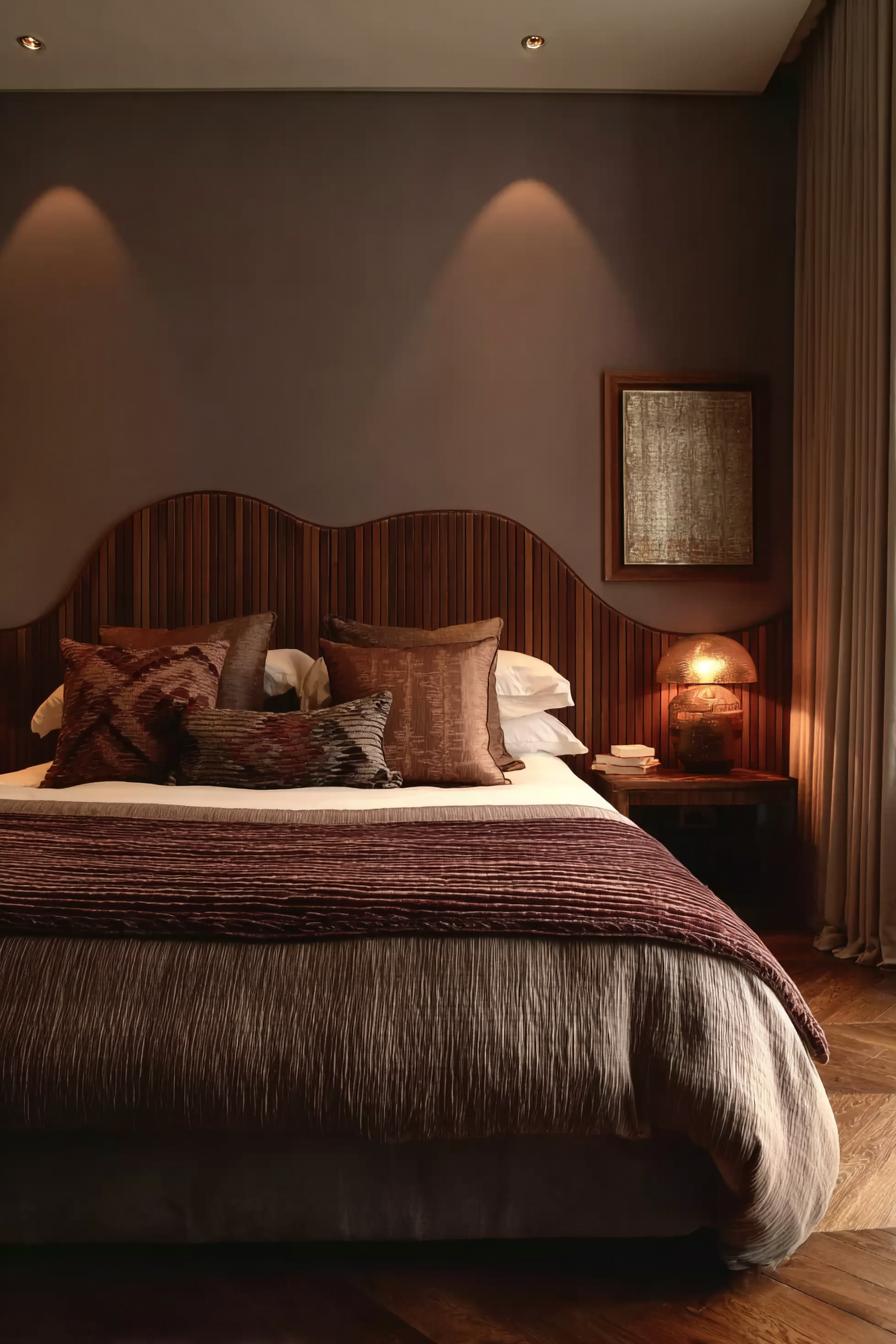 Highlight Wave Shaped Brown Wood Headboards For Visual Flow