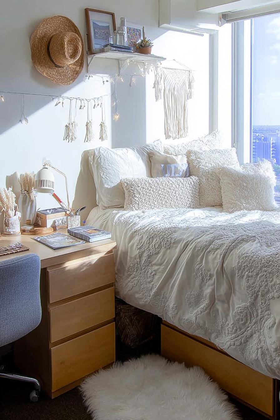 Incorporate a Fluffy White Rug For Instant Tiny Room Warmth
