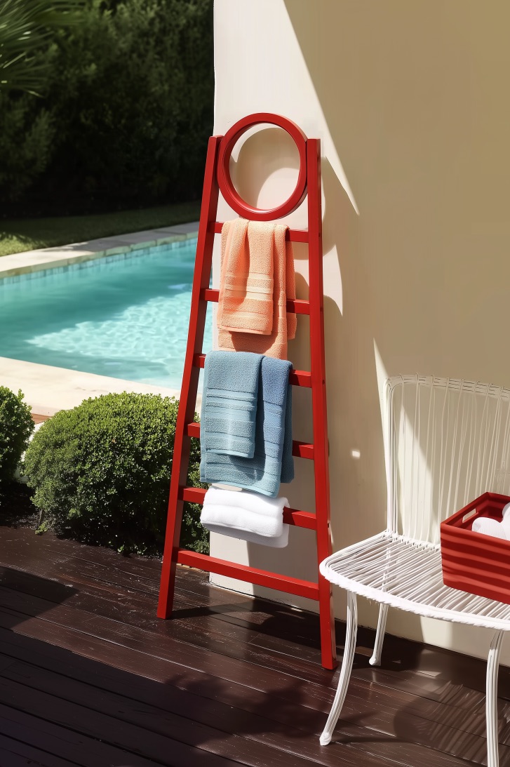 Incorporate Bold Red Accents for Outdoor Pool Towel Rack Ideas