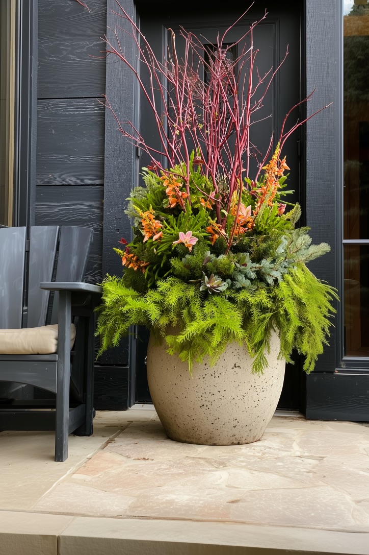 Incorporate Evergreen Boughs and Red Branches for Winter Interest