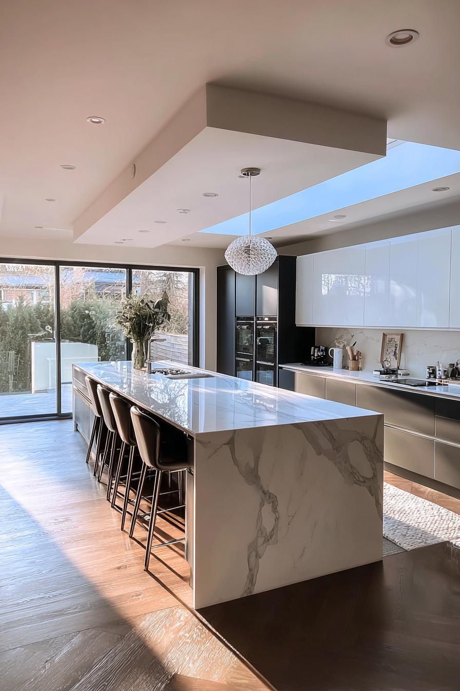 Incorporate Floor to Ceiling Windows For Airy Kitchen Island Spaces