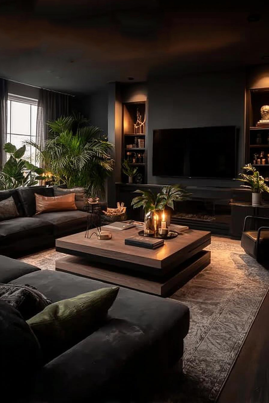 Incorporate Lush Greenery to Energize Moody Living Room Corners
