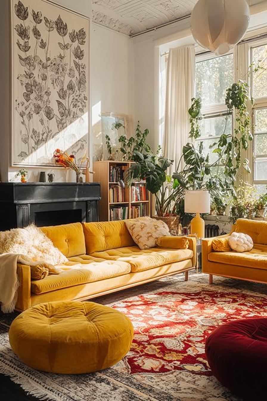 Incorporate Plush Poufs to Enhance Yellow Couch Comfort and Style For Boho Flair