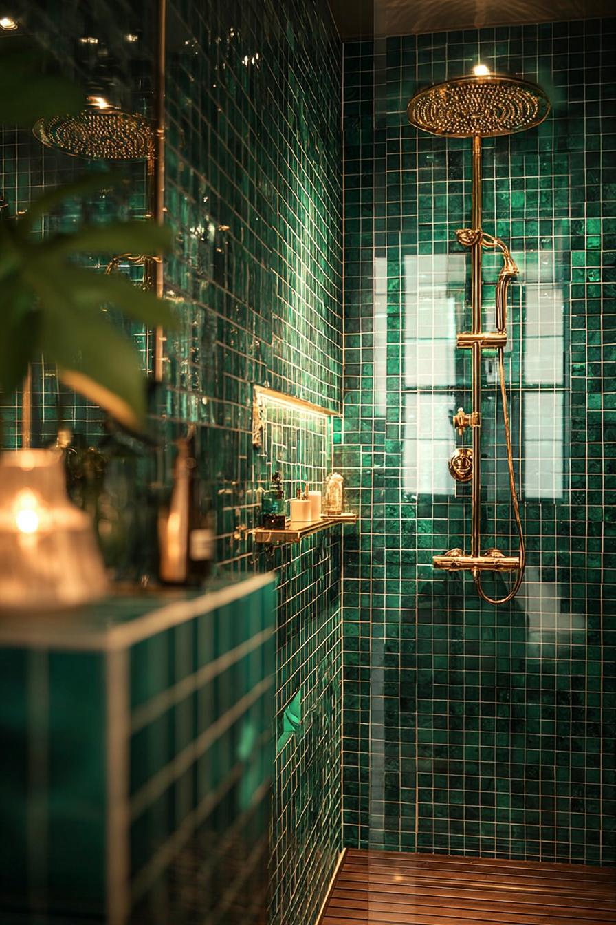 Incorporate Reflective Green Tiles For Striking Mint Bathroom Walls