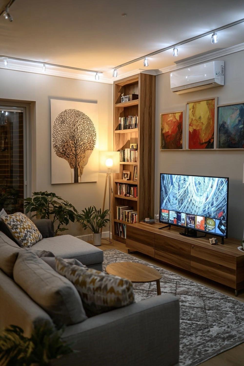 Incorporate Wood Shelving For Warmth in a Cozy Living Room