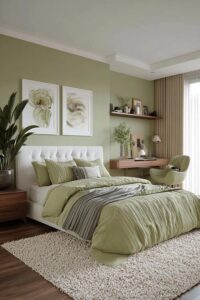 Incorporate Wooden Floating Shelves For Cozy Green Brown Touch