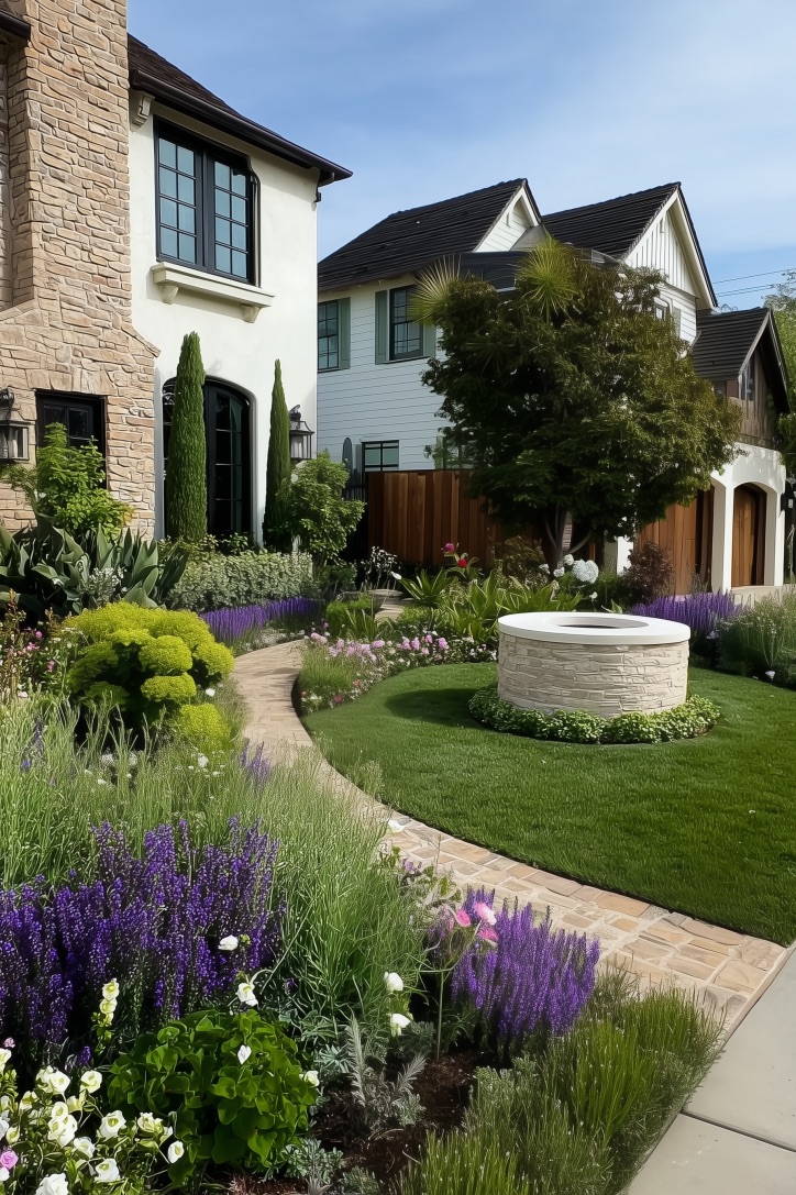 Install a Circular Stone Feature for Unique Flower Bed Decor