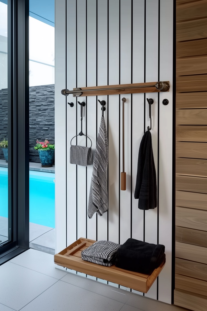 Install Simple Hooks for Practical Towel Rack Ideas for Pool
