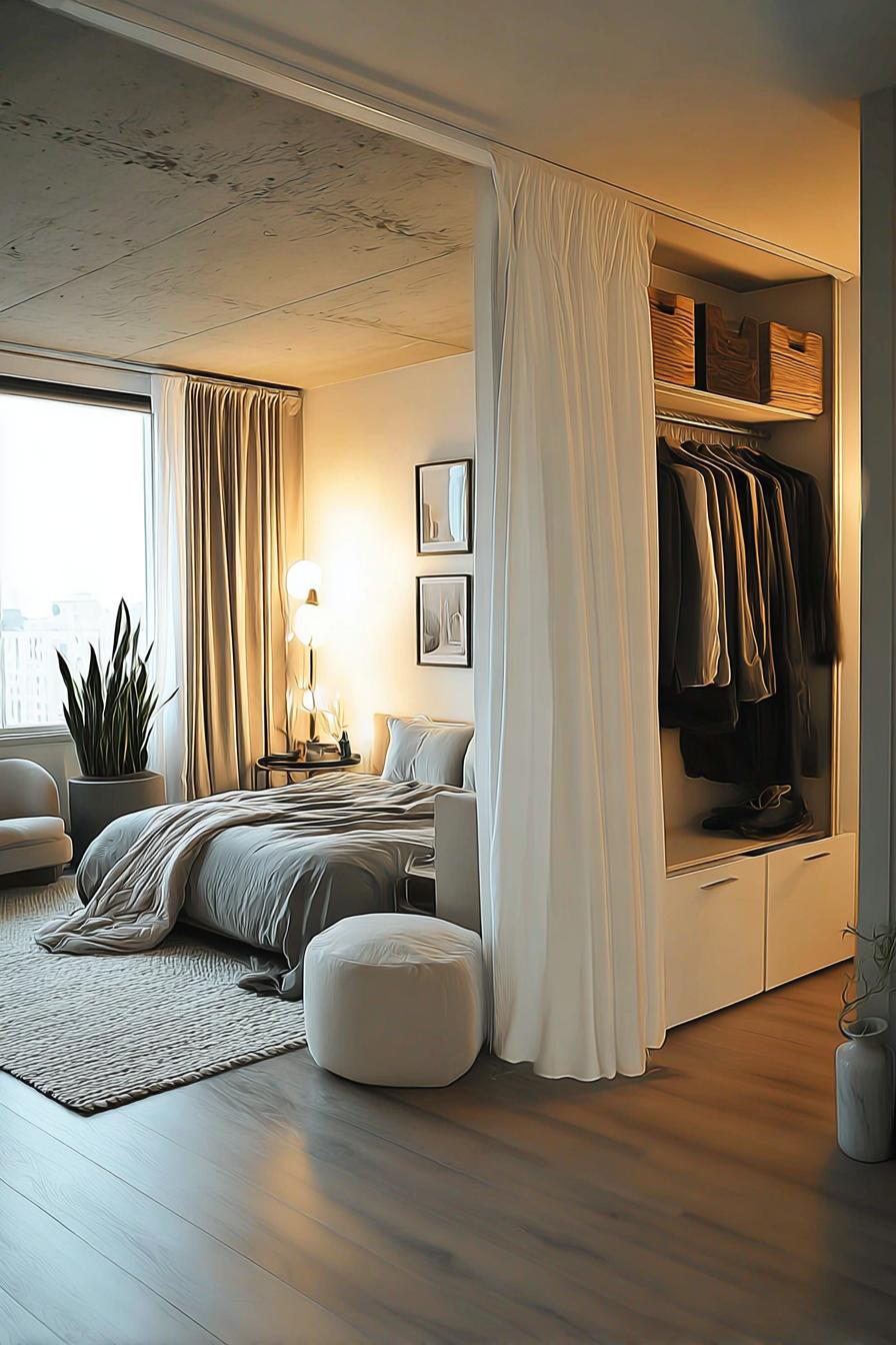 Install Soft White Curtains For Flexible Privacy in Living Bedroom Combo