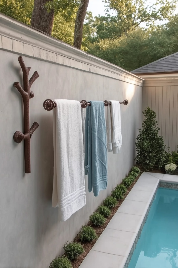 Integrate Tree Branch Shaped Racks for Outdoor Pool Towel Rack Ideas