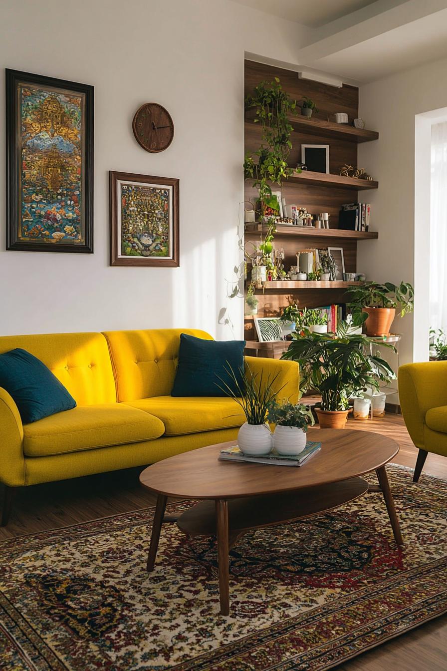 Integrate Wooden Shelves with Green Plants For Cozy Apartment