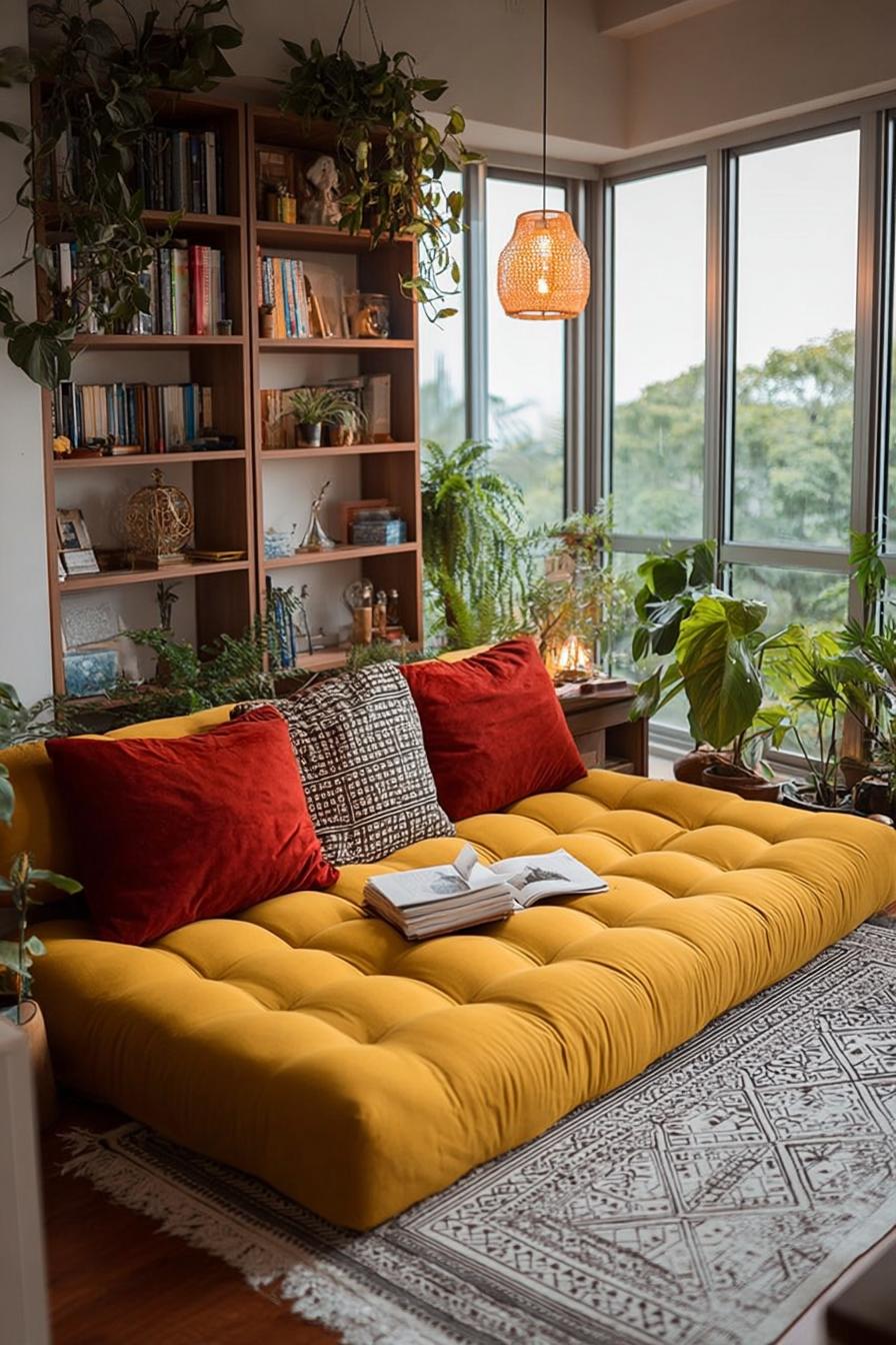 Introduce Hanging Plants to Frame Yellow Couch with Dark Green Accent