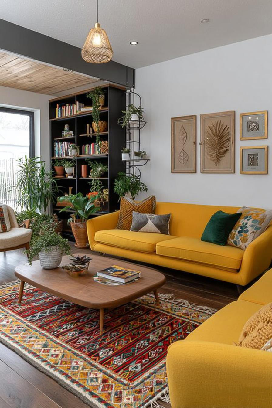 Introduce Natural Leaf Artwork to Enhance Yellow Couch Appeal